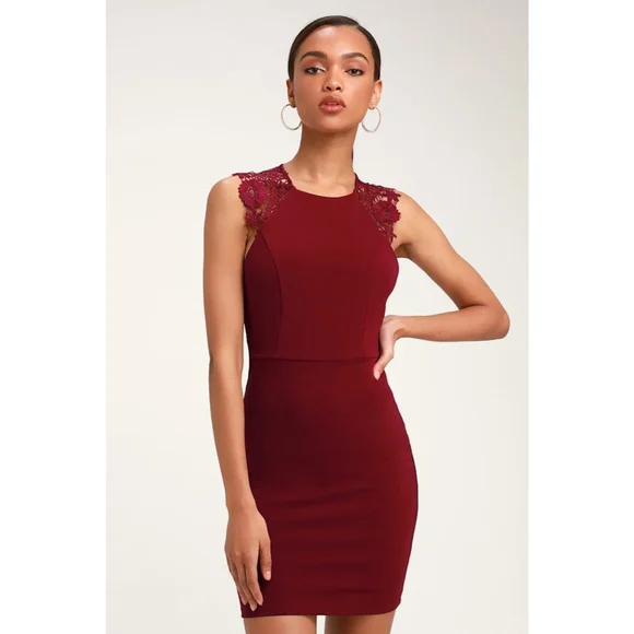 Lulus Burgundy Lace Open Shoulder Bodycon Mini Dress Medium - Picture 1 of 9